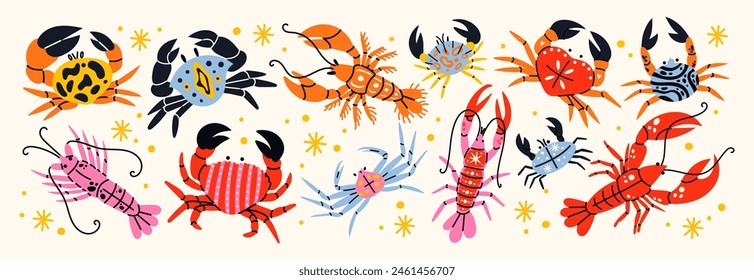 Set crabs and lobsters with patterns. Cartoon sea inhabitants, seafood in flat retro doodle style. Stickers for a restaurant or cafe.