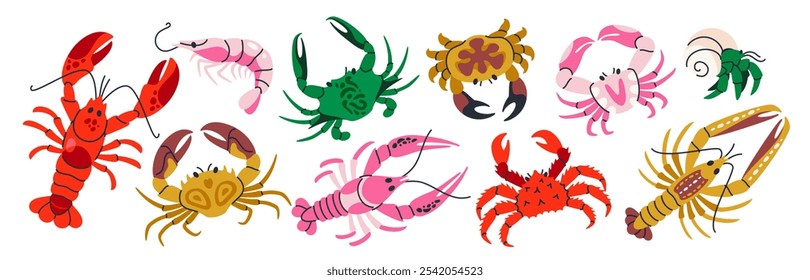 Coloca cangrejos y langostas. Pegatinas o iconos con habitantes del mar, mariscos o artrópodos. Diseño para menú de cafetería o restaurante. Colección plana de la Ilustración vectorial de la historieta aislada en el fondo blanco