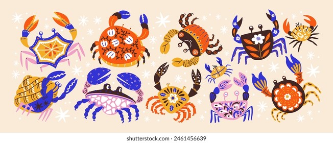 Set crabs with patterns. Cartoon sea inhabitants, seafood in flat retro doodle style. Stickers for a restaurant or cafe.