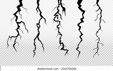 Set of crack in surface. Rift in earth. Flat for instant color change. Realistic fracture in wall. Vector illustration. Isolated on transparent background
