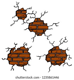 Set of cracked brick walls. Vector cartoon sketches. Isolated objects on a white background.