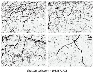 Set of cracked earth textures. Black and white texture. Cracks on the surface of dry soil. Structure of cracked ground.