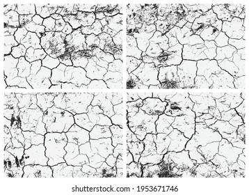 Conjunto de texturas de tierra rota. Textura en blanco y negro. Grietas en la superficie del suelo seco. Estructura del suelo agrietado.