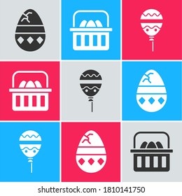 Set Cracked egg, Basket with easter eggs and Balloons with ribbon icon. Vector
