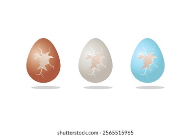 Set of Cracked Egg Icons, White and Brown Chicken Eggs, Realistic Blue Duck Eggs.