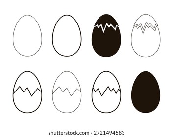 A set of cracked egg shapes, contour and silhouette isolated on a white background, black and white vector illustration. A collection of simple Easter egg icons, eggshells, an element for the Easter 