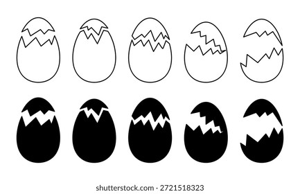A set of cracked egg shapes, contour and silhouette isolated on a white background, black and white vector illustration. A collection of simple Easter egg icons, eggshells, an element for the Easter 