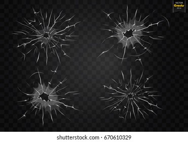 Set cracked glass on a transparent background. Vector illustration