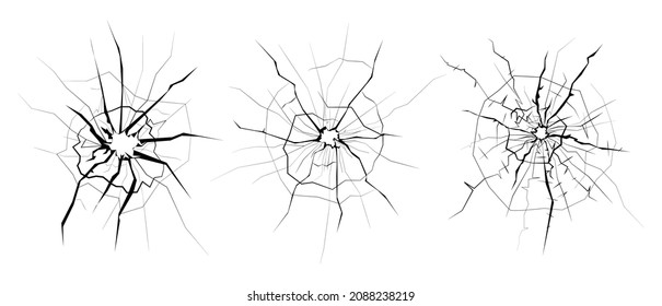 Set of cracked glass on white background. Variety vector cracks in flat style.