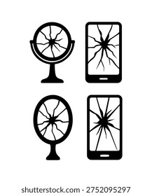 Set of cracked mirror and shattered smartphone screen icons illustrating damage and bad luck