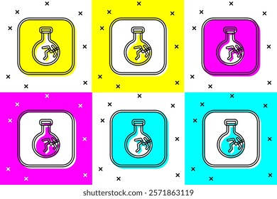 Set Cracked test tube and flask chemical laboratory test icon isolated on color background. Laboratory glassware sign.  Vector