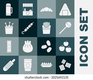 Set Cracker biscuit, Apple, Lollipop, Croissant, Grilled shish kebab, Chicken leg in package box, Thermos container and Potatoes french fries icon. Vector