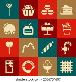 Set Cracker biscuit, Christmas candy cane, Ice cream in bowl, Macaron cookie, Jar of honey, Glass jar with candies inside, Lollipop and Cake plate icon. Vector