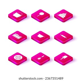 Set Cracker biscuit, Kitchen whisk, Brownie chocolate cake, Cooking pot, Spatula, Rolling pin, Cake and Frying pan icon. Vector