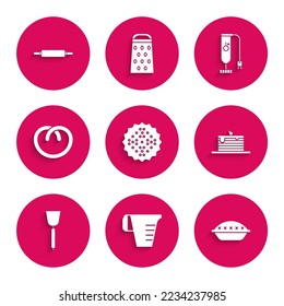 Set Cracker biscuit, Measuring cup, Homemade pie, Stack of pancakes, Spatula, Pretzel, Blender and Rolling pin icon. Vector