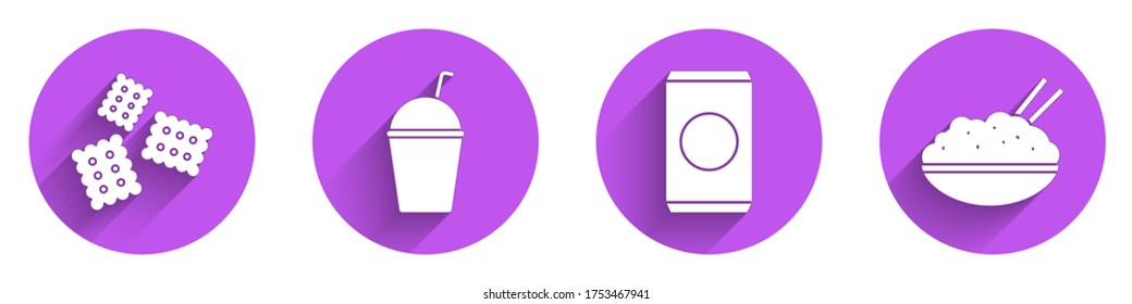 Set Cracker biscuit, Milkshake, Soda can with straw and Rice in a bowl with chopstick icon with long shadow. Vector