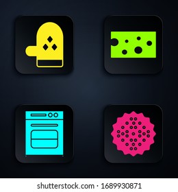 Set Cracker biscuit , Oven glove , Oven  and Cheese . Black square button. Vector