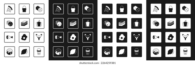 Set Cracker biscuit, Piece of cake, Cookie with chocolate, Slice pizza, Bell pepper, Chicken egg on stand, Sausage the fork and leg icon. Vector
