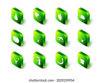 Set Cracker biscuit, Plum fruit, Salami sausage, Broccoli, Chicken egg on stand, Cheese, Banana and aper package for milk icon. Vector