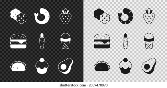 Set Cracker biscuit, Shrimp, Strawberry, Taco with tortilla, Muffin, Avocado fruit, Burger and Carrot icon. Vector