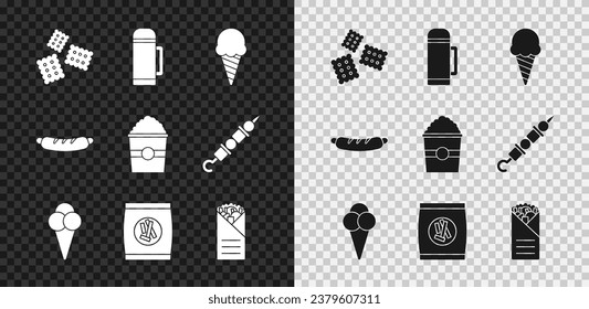 Set Cracker biscuit, Thermos container, Ice cream waffle cone, Hard bread chucks crackers, Doner kebab, Hotdog sandwich and Popcorn box icon. Vector