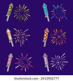 set of cracker and colorful fireworks explosions, carnival party firework vector illustration. Firework celebration explosion, explosive firecracker