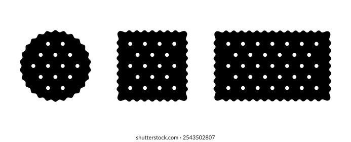 Conjunto de siluetas de cracker. Galletas dulces o saladas en Formas redondas, cuadradas y rectangulares. Iconos crujientes Populares de los bocados aislados en el fondo blanco. Vector ilustración gráfica.