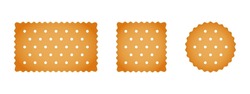 Set of crackers. Sweet or salty biscuit cookies in round, square and rectangle shapes. Popular children crunchy snacks isolated on white background. Vector cartoon illustration.