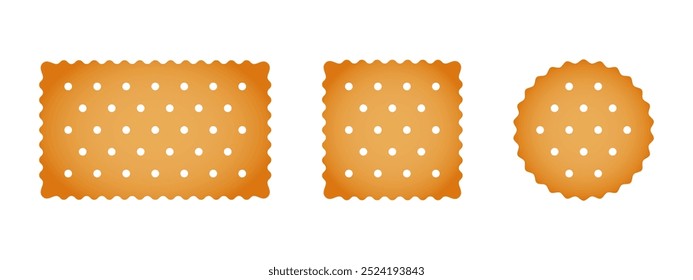 Set of crackers. Sweet or salty biscuit cookies in round, square and rectangle shapes. Popular children crunchy snacks isolated on white background. Vector cartoon illustration.