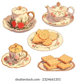 set of crackers and tea watercolor