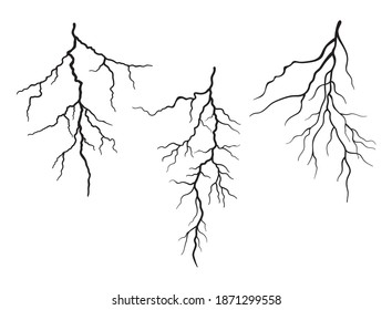 Set of cracks. Collection of different black lightning bolts. Earth crack. Set thunderstorm and lightning.Vector illustration of natural phenomena on white background.