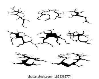 Set of cracks. Collection of different black earth crack. Vector illustration of natural phenomena on white background.