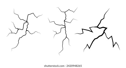 Set of cracks. Collection of different black lightning bolts. Earth crack. Set thunderstorm and lightning. Vector illustration of natural phenomena on white background.