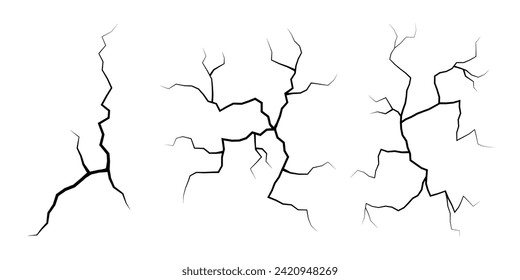 Set of cracks. Collection of different black lightning bolts. Earth crack. Set thunderstorm and lightning. Vector illustration of natural phenomena on white background.