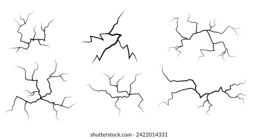 Set of cracks. Collection of different black lightning bolts. Earth crack. Set thunderstorm and lightning. Vector illustration of natural phenomena on white background.