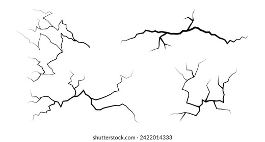 Set of cracks. Collection of different black lightning bolts. Earth crack. Set thunderstorm and lightning. Vector illustration of natural phenomena on white background.