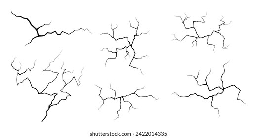 Set of cracks. Collection of different black lightning bolts. Earth crack. Set thunderstorm and lightning. Vector illustration of natural phenomena on white background.