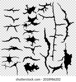 Conjunto de grietas de diferentes formas y longitudes sobre un fondo transparente