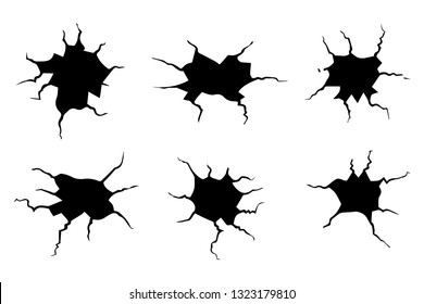 Set of cracks for disaster design. Different types isolated cracks textures: break of earth, cracks in the wall, glass clefts. Vector background