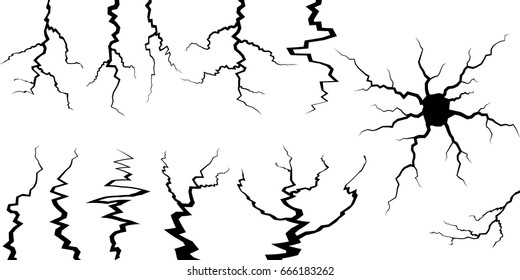 Set of cracks for disaster design. Different types isolated cracks textures: break of earth, cracks in the wall, glass clefts. Vector background.