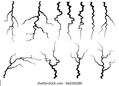 Set of cracks for disaster design. Different types isolated cracks textures: break of earth, cracks in the wall, glass clefts. Vector background.