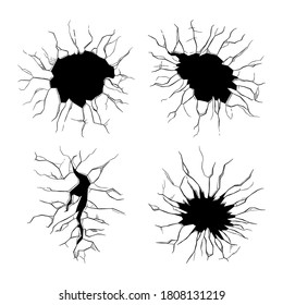 Conjunto de grietas aisladas en fondo blanco. Superficie de espejo o tierra. Terremoto, aguijón de bala, textura monocroma para diseño. Ilustración vectorial.