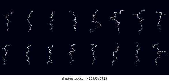 Set of cracks. Lightning bolts, Thunder electric strike. Thunderstorm and lightning on black background.