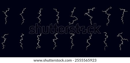 Set of cracks. Lightning bolts, Thunder electric strike. Thunderstorm and lightning on black background.