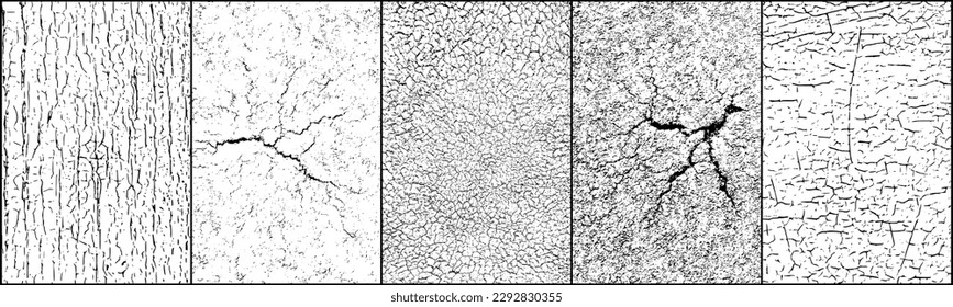 Set of cracks overlay textured. Distressed black texture. Dark grainy texture on white background. Grain noise particles. Rusted white effect. Grunge design elements. Vector illustration, EPS 10.