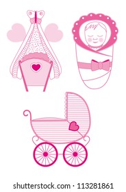 Set of Cradle, Pram and Blanket Isolated on White Background - vector illustration