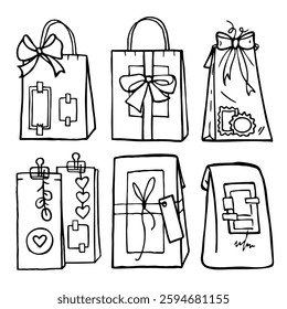 A set of craft bags in sketch style. Black and white isolated gifts with ribbons and bows in vector
