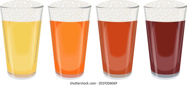 Set with craft beer in American pints for banners, flyers, posters, cards. Light and dark beer, ale, and lager. International Beer Day. October fest. Vector illustration isolated on white background