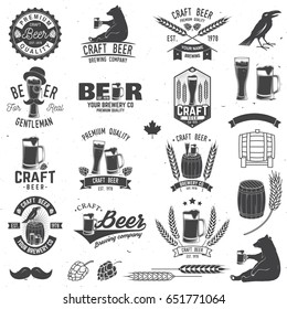 Set of Craft Beer badges with with design elements. Vector illustration. Vintage design for bar, pub and restaurant business. Coaster for beer. Craft beer badges in vintage style. Oktoberfest Overlay