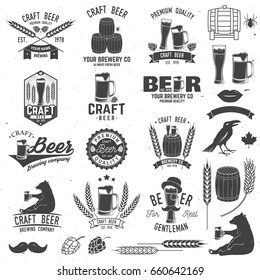 Set of Craft Beer badges with with design elements. Vector illustration. Vintage design for bar, pub and restaurant business. Coaster for beer.